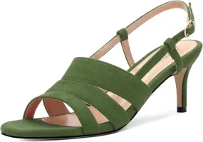 AMBELIGHT Women'S Strappy Low Kitten Slingback Heels Round Open Toe Ankle Buckle Suede Sandals Casual Comfortable Dress Wedding Work Shoes For Women 2.5 Inch