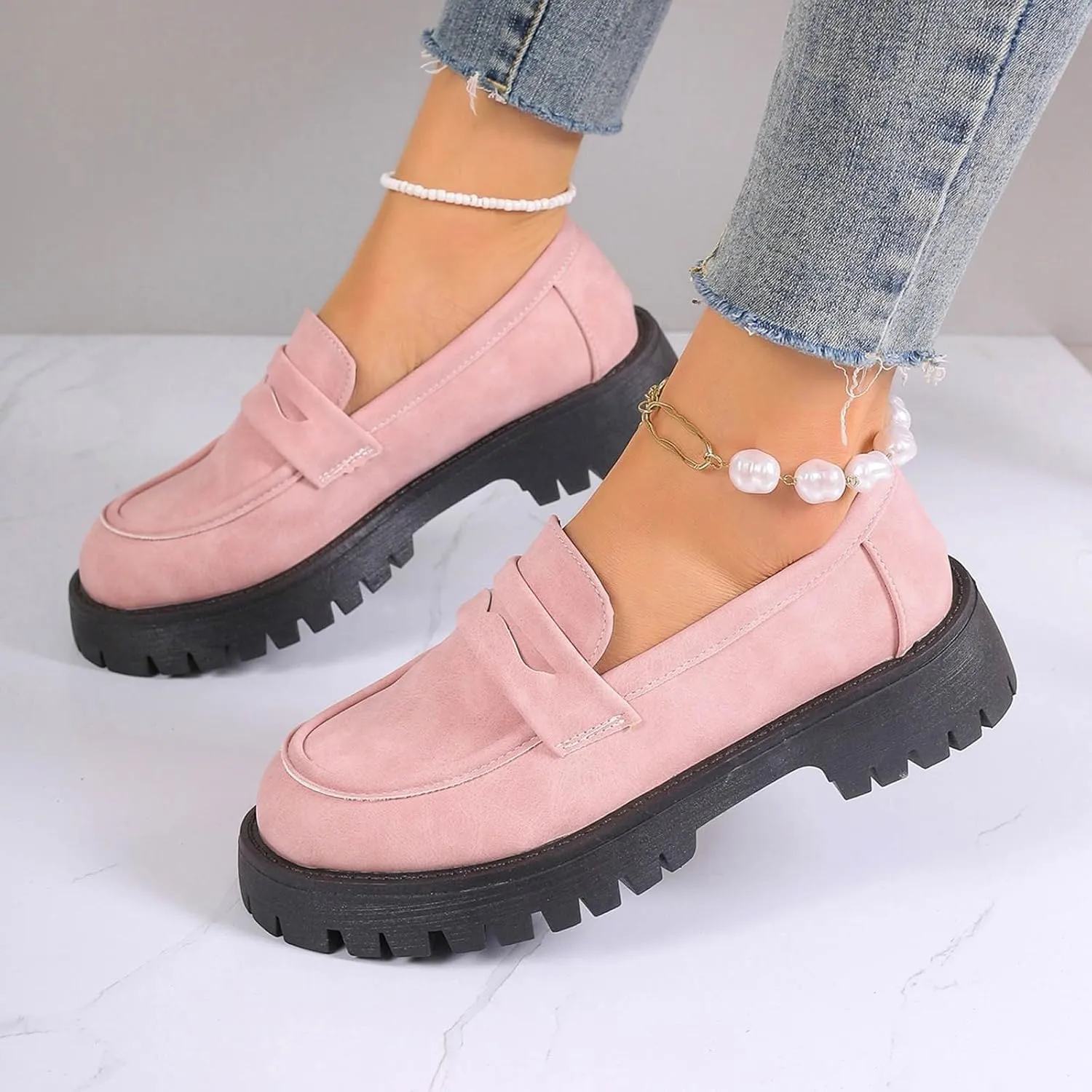 Chunky Loafers Women Slip-On Business Shoes Comfortable Work Shoes Casual Platform Loafers Leather Penny Loafers