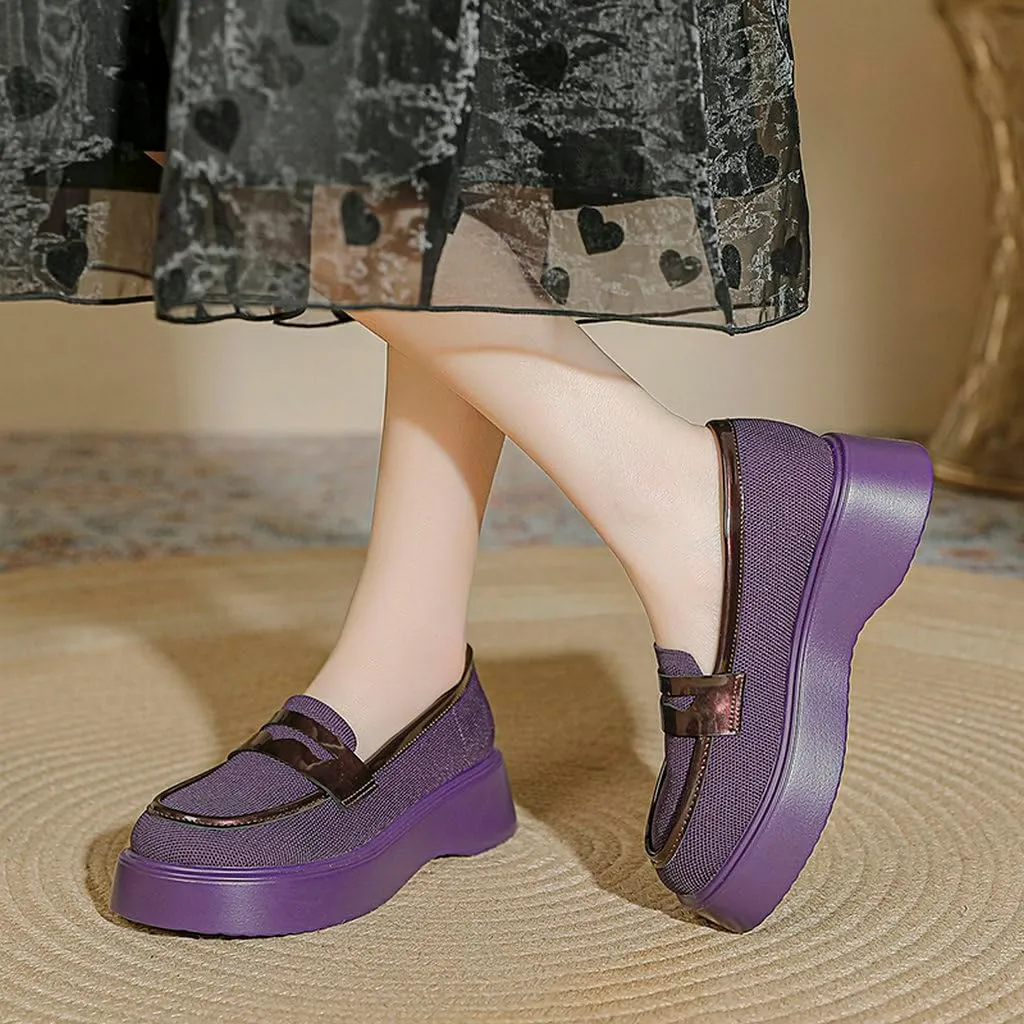 DINTAHA Chunky Platform Loafers for Women Heeled Knit Loafers Slip On Business Casual Shoes