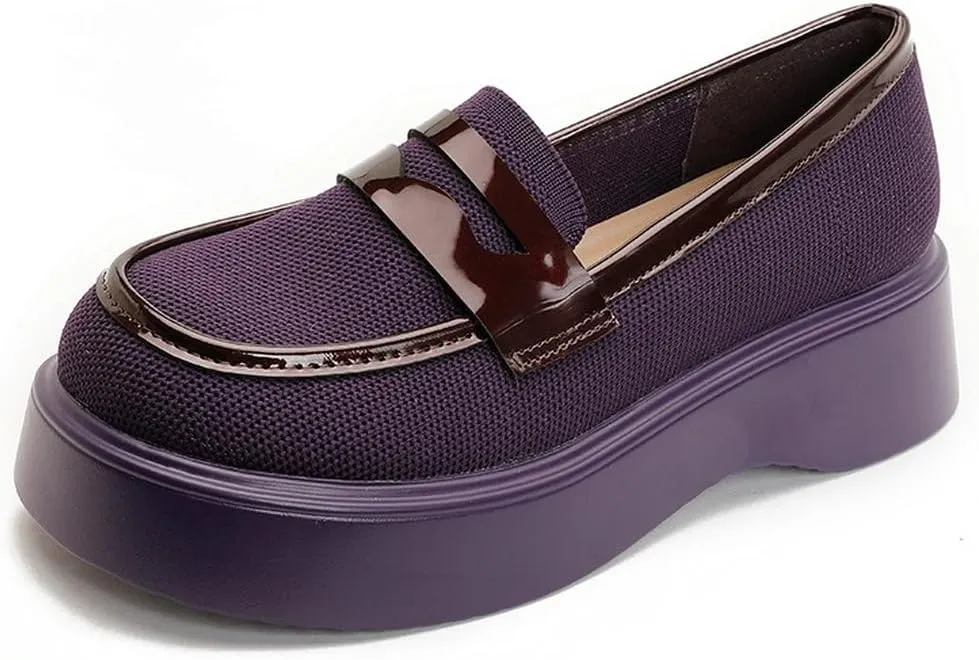 DINTAHA Chunky Platform Loafers for Women Heeled Knit Loafers Slip On Business Casual Shoes