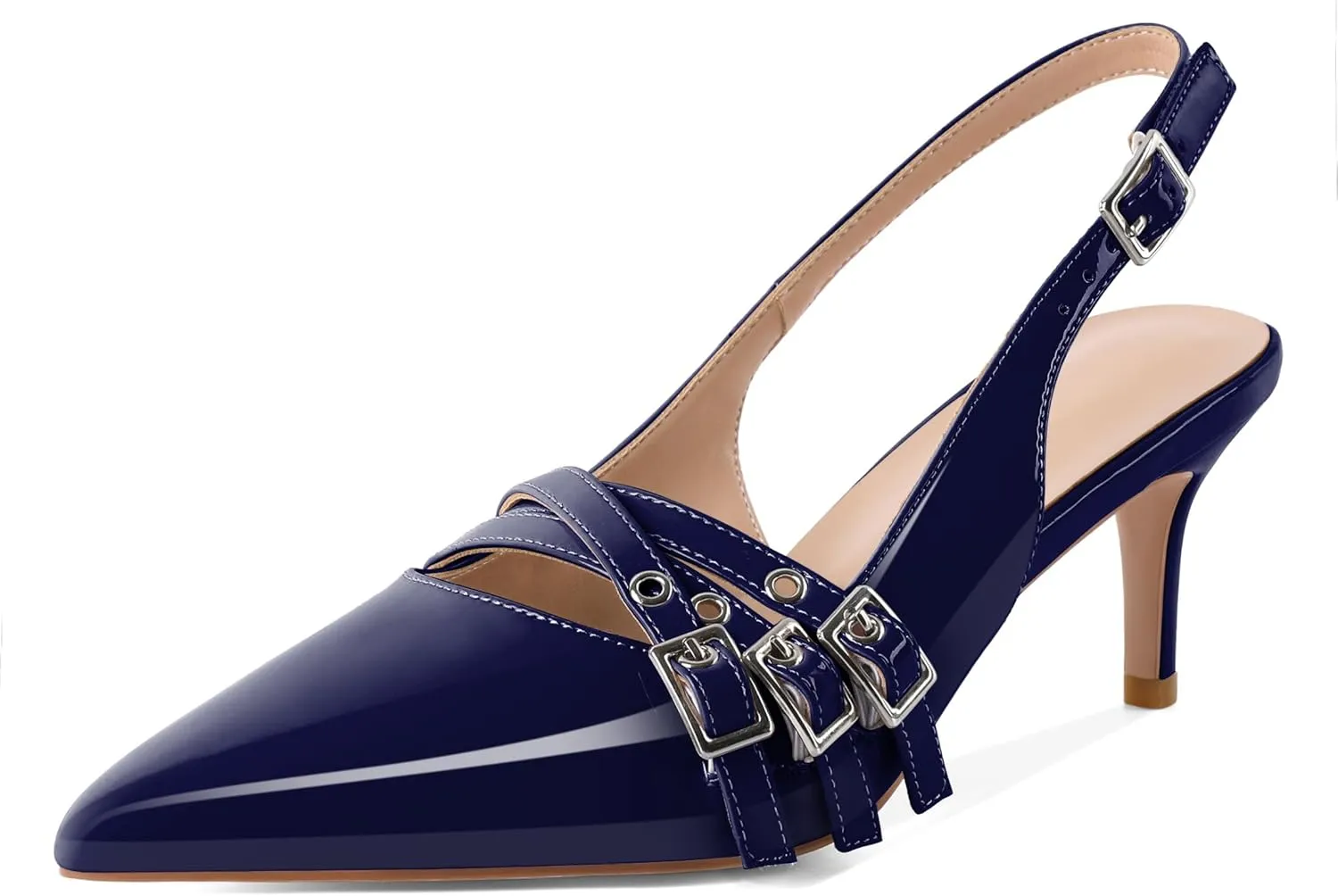 Eldof Women Slingback Heels Eyelet Buckle Strap Pointed Toe Slip On Kitten Heel Pumps Shoes Dressy 2.5 Inches