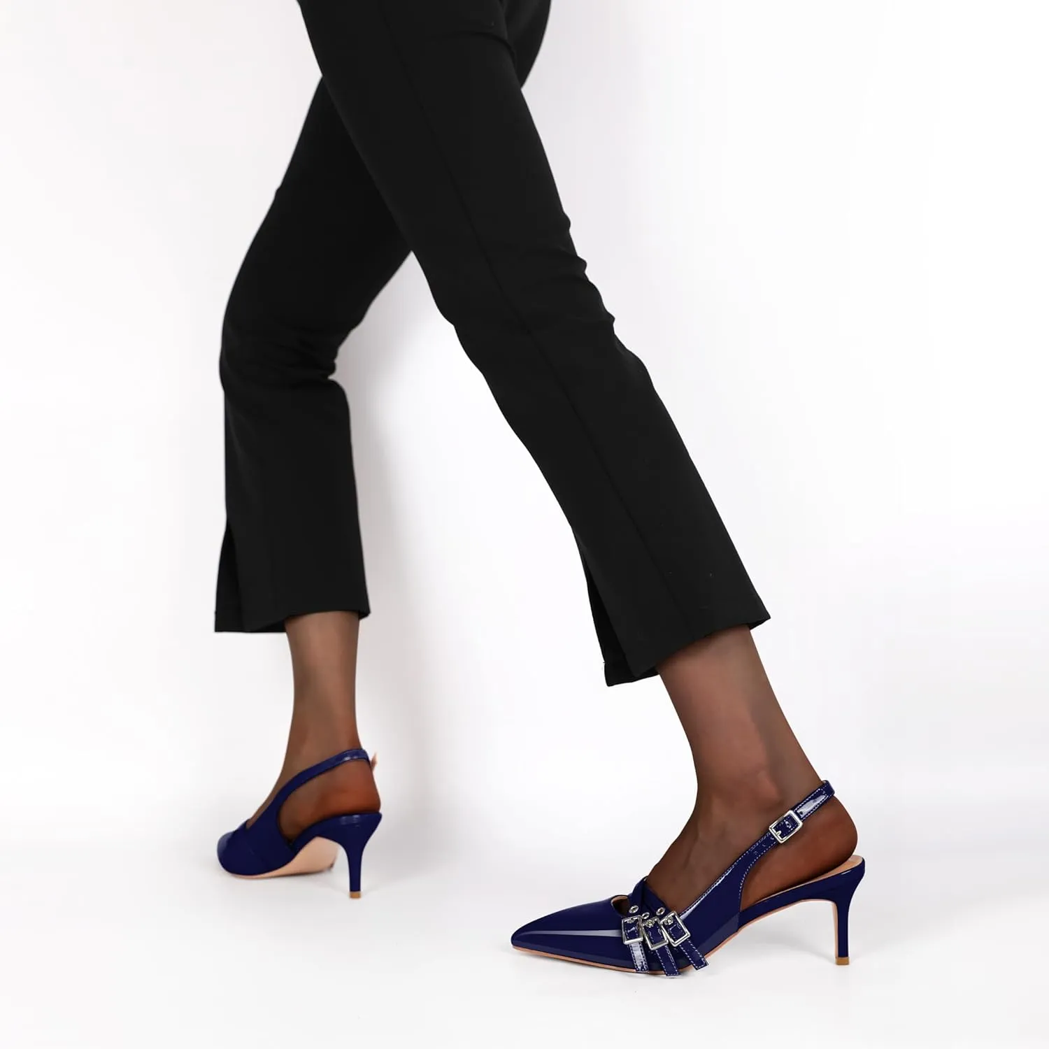 Eldof Women Slingback Heels Eyelet Buckle Strap Pointed Toe Slip On Kitten Heel Pumps Shoes Dressy 2.5 Inches