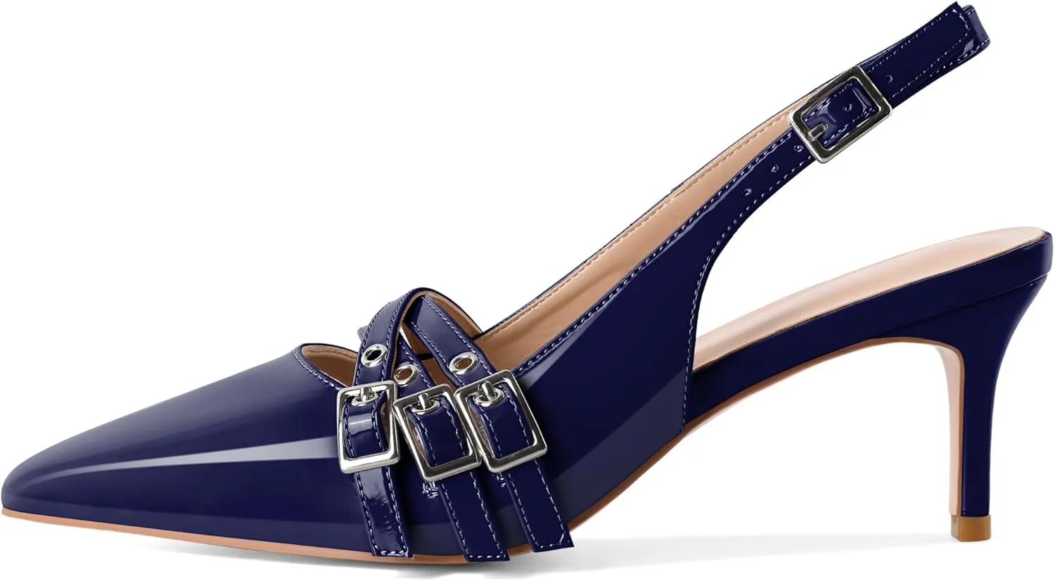 Eldof Women Slingback Heels Eyelet Buckle Strap Pointed Toe Slip On Kitten Heel Pumps Shoes Dressy 2.5 Inches