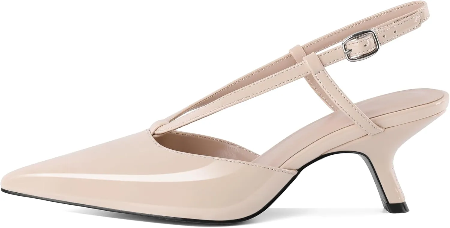 Eldof Womens Kitten Heel Pointed Toe Slingback Slip On Pumps Shoes Women Dress Low Heels 2.5 Inches