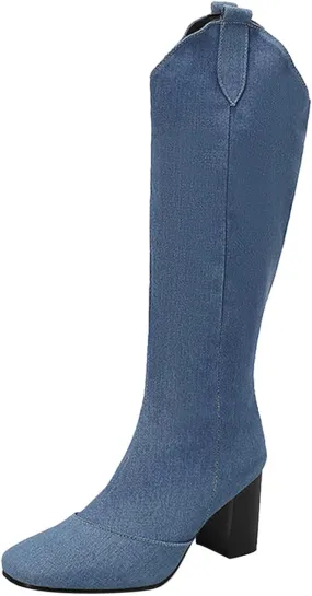 Ladies Cowboy Fashion Vintage Boots Pointed Toe Low Heel Side Zipper Knee Boots Knee High Boots 12w Women Wide Calf (Blue, 9)