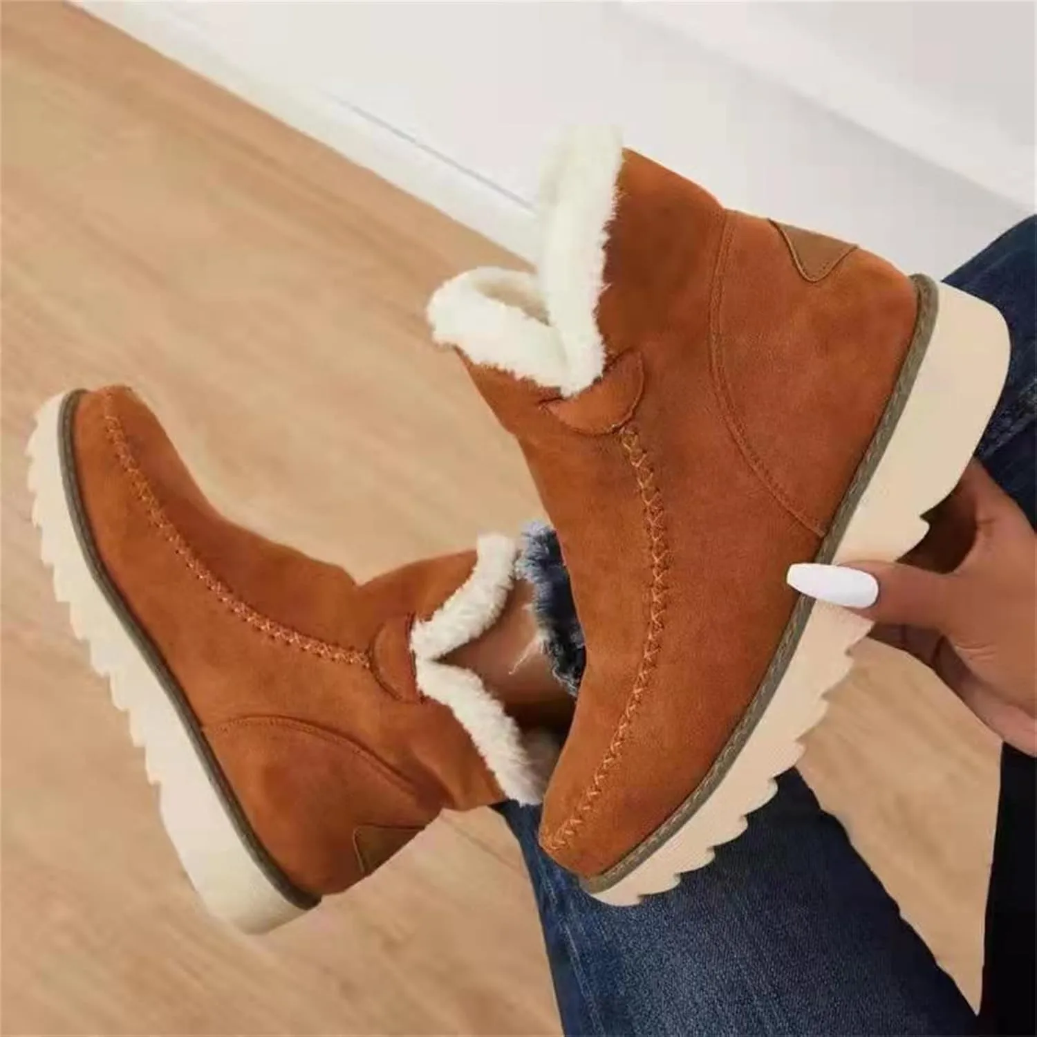 Ladmiple Boots For Women Ankle Booties Winter Casual Slip-on Warm Loafers Faux Fur-Lined Comfortable Snow Walking Shoes