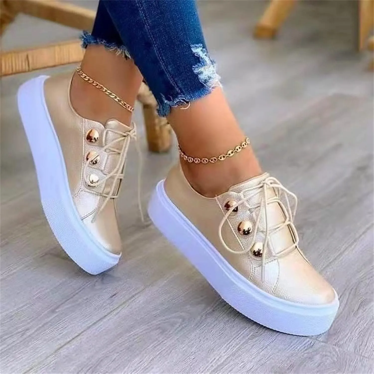 Ladmiple Shoes For Women Dressy Casual Flats PU Leather Shoes Lace Up Comfortable Fashion Slip On Sneakers Walking Loafers