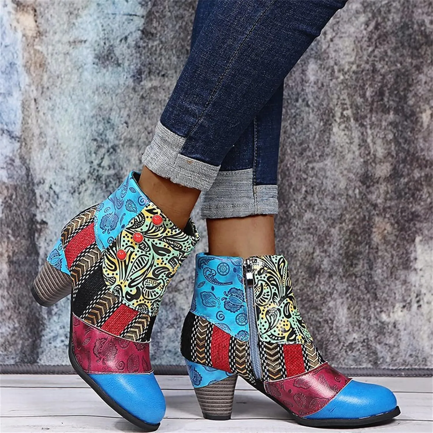 Lausiuoe Ankle Boots For Women Dressy Chunky Heel Vintage Cowgirl Boots Retro Short Wide Width Zipper Western Booties