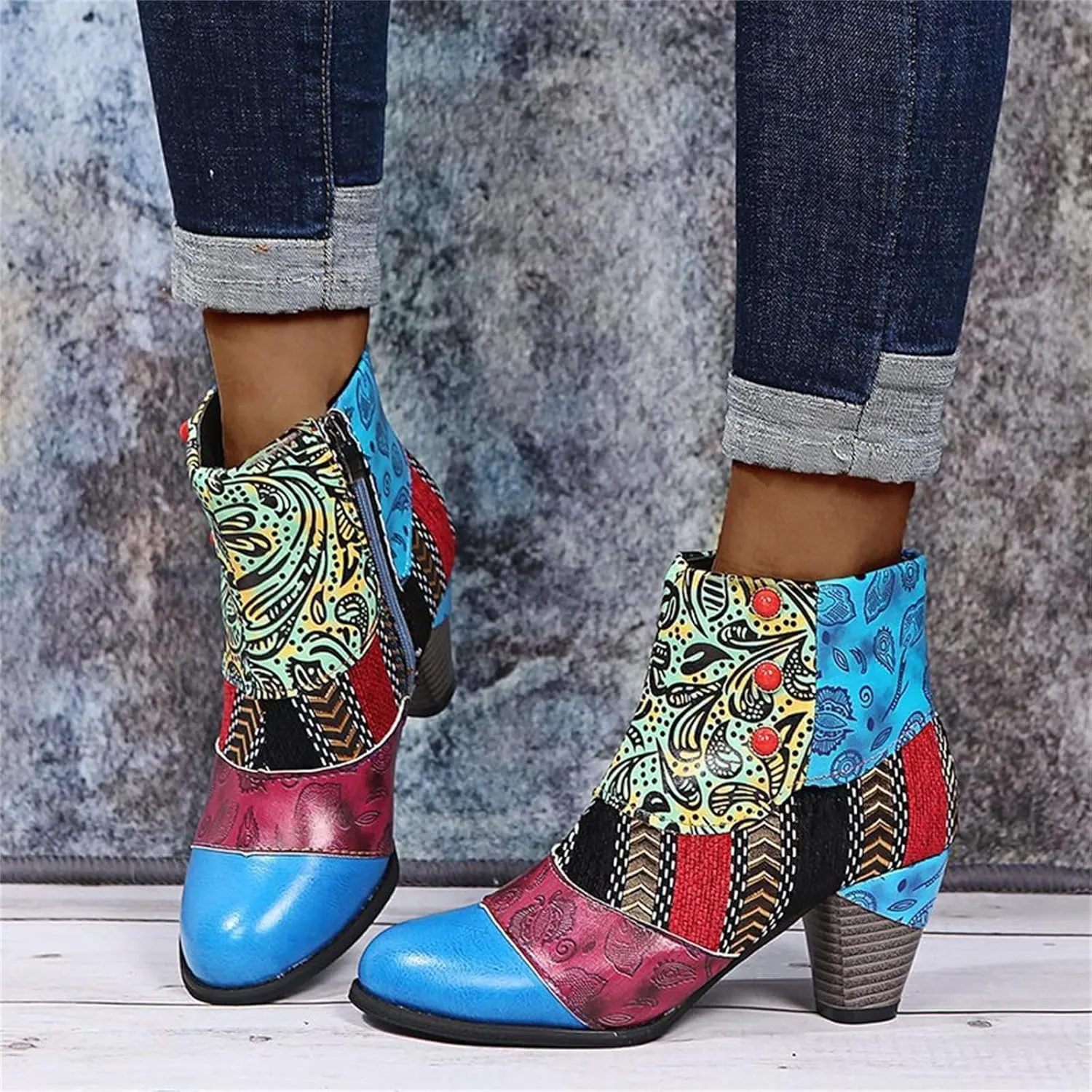 Lausiuoe Ankle Boots For Women Dressy Chunky Heel Vintage Cowgirl Boots Retro Short Wide Width Zipper Western Booties