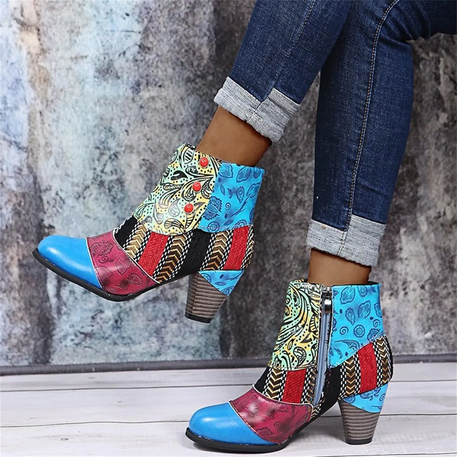 Lausiuoe Ankle Boots For Women Dressy Chunky Heel Vintage Cowgirl Boots Retro Short Wide Width Zipper Western Booties