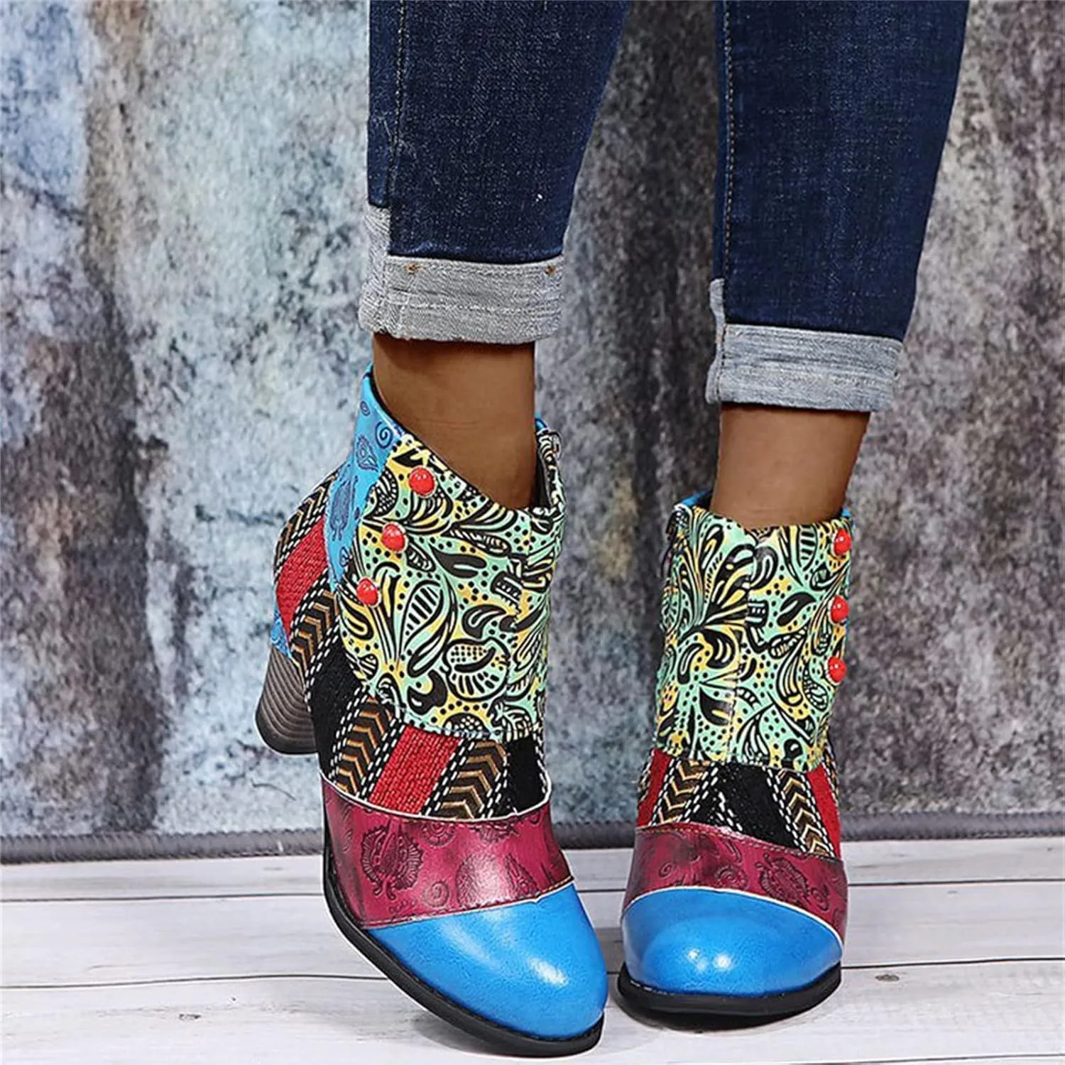 Lausiuoe Ankle Boots For Women Dressy Chunky Heel Vintage Cowgirl Boots Retro Short Wide Width Zipper Western Booties