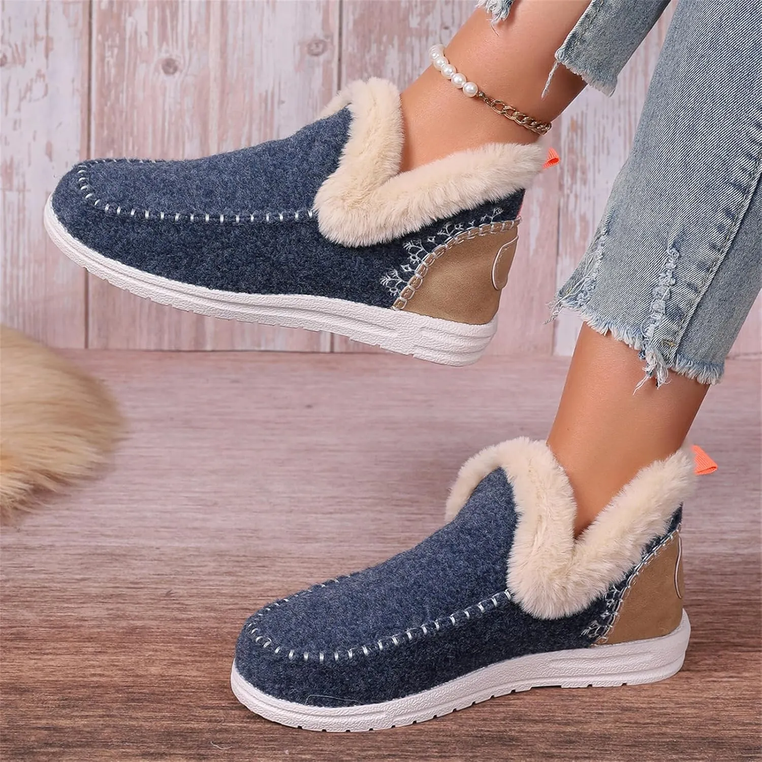 Lausiuoe Boots For Women Ankle Booties With Fur Lined Warm Snow Winter Fuzzy Booties Silp On Comfortable Casual Loafers Shoes