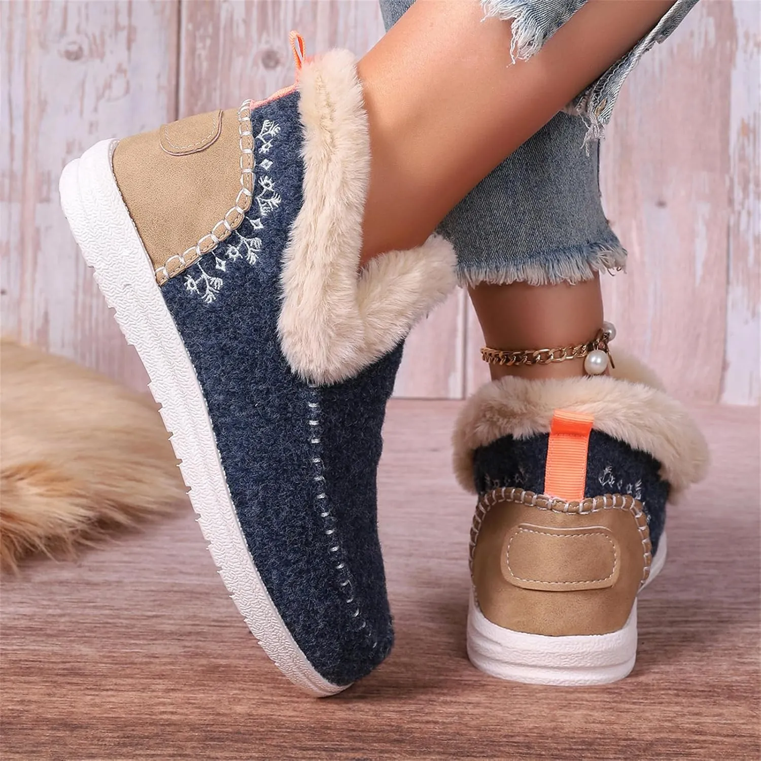 Lausiuoe Boots For Women Ankle Booties With Fur Lined Warm Snow Winter Fuzzy Booties Silp On Comfortable Casual Loafers Shoes