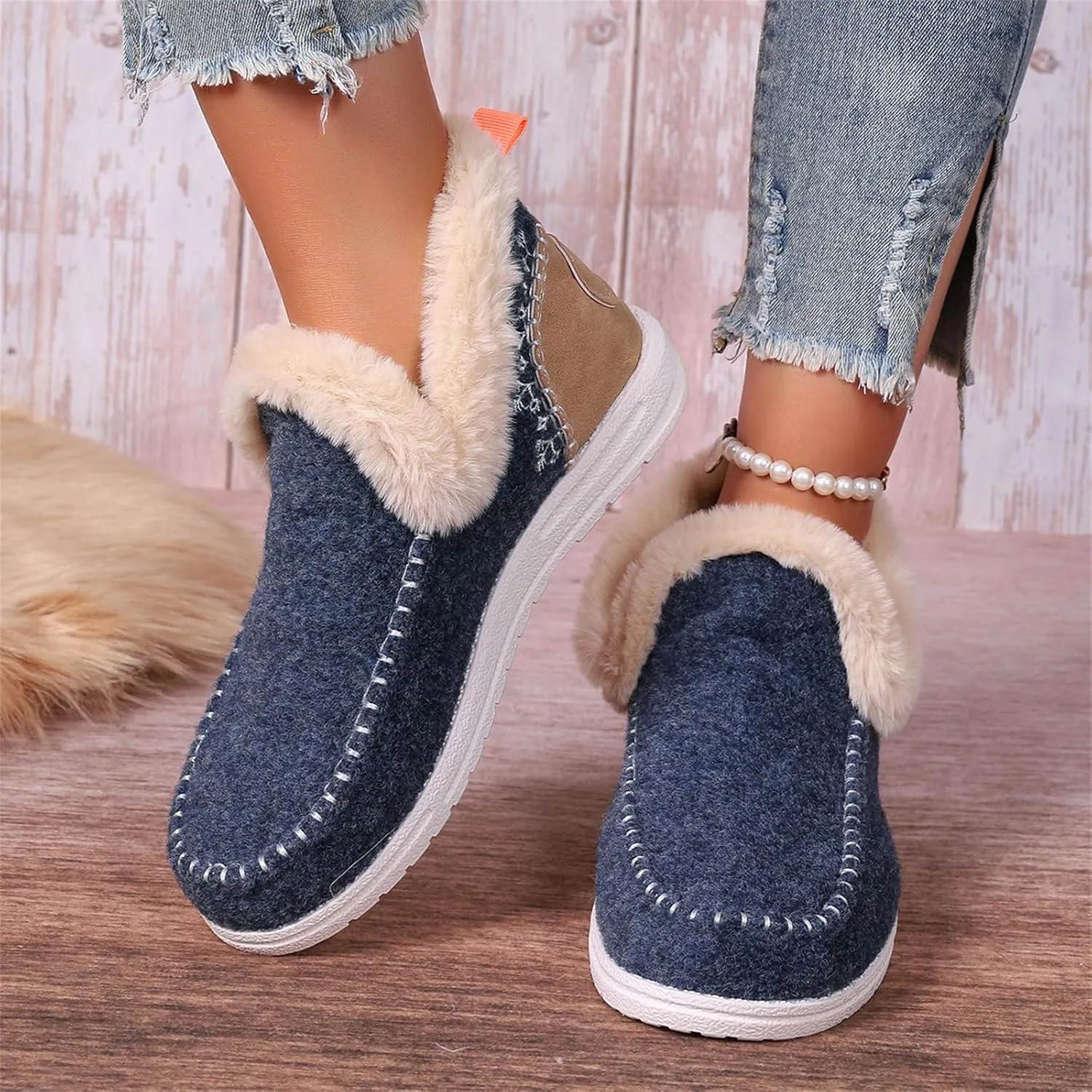 Lausiuoe Boots For Women Ankle Booties With Fur Lined Warm Snow Winter Fuzzy Booties Silp On Comfortable Casual Loafers Shoes