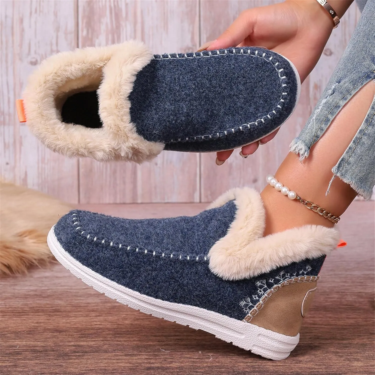 Lausiuoe Boots For Women Ankle Booties With Fur Lined Warm Snow Winter Fuzzy Booties Silp On Comfortable Casual Loafers Shoes