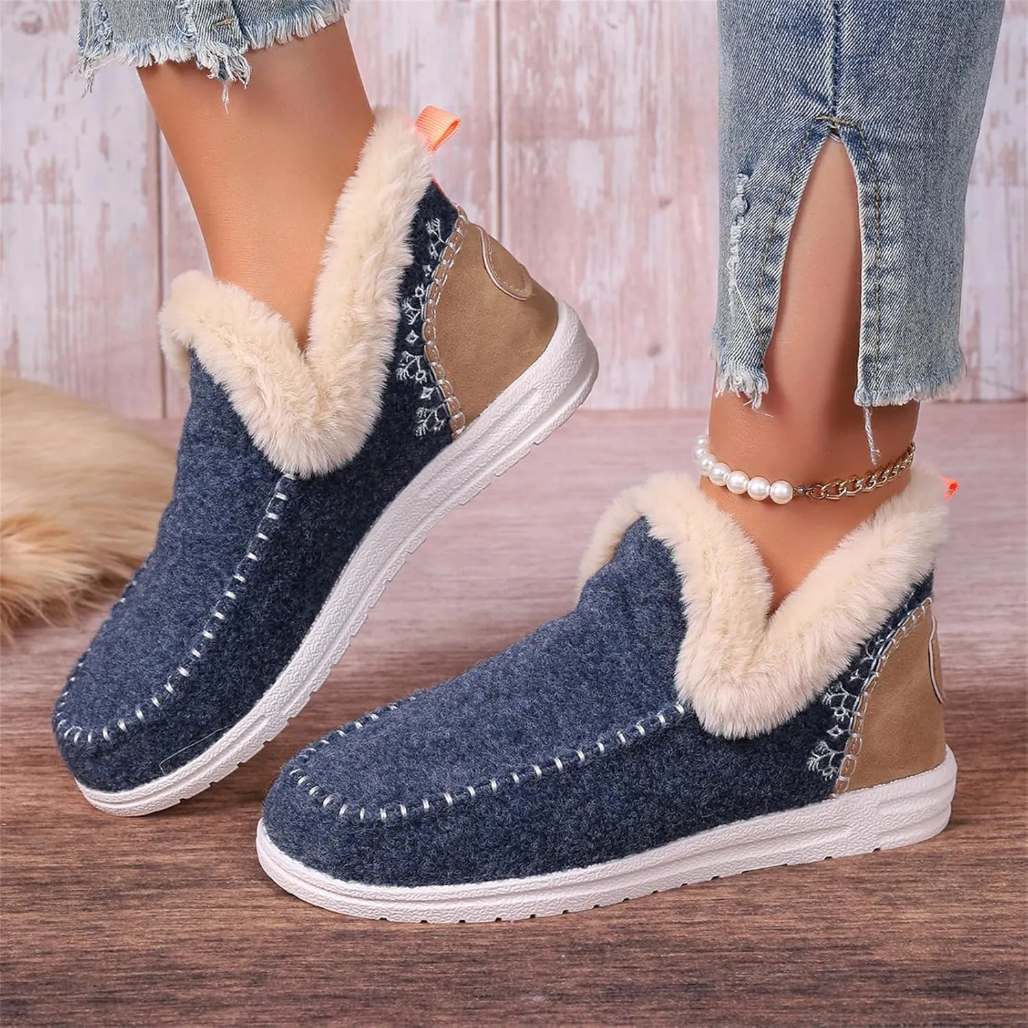 Lausiuoe Boots For Women Ankle Booties With Fur Lined Warm Snow Winter Fuzzy Booties Silp On Comfortable Casual Loafers Shoes