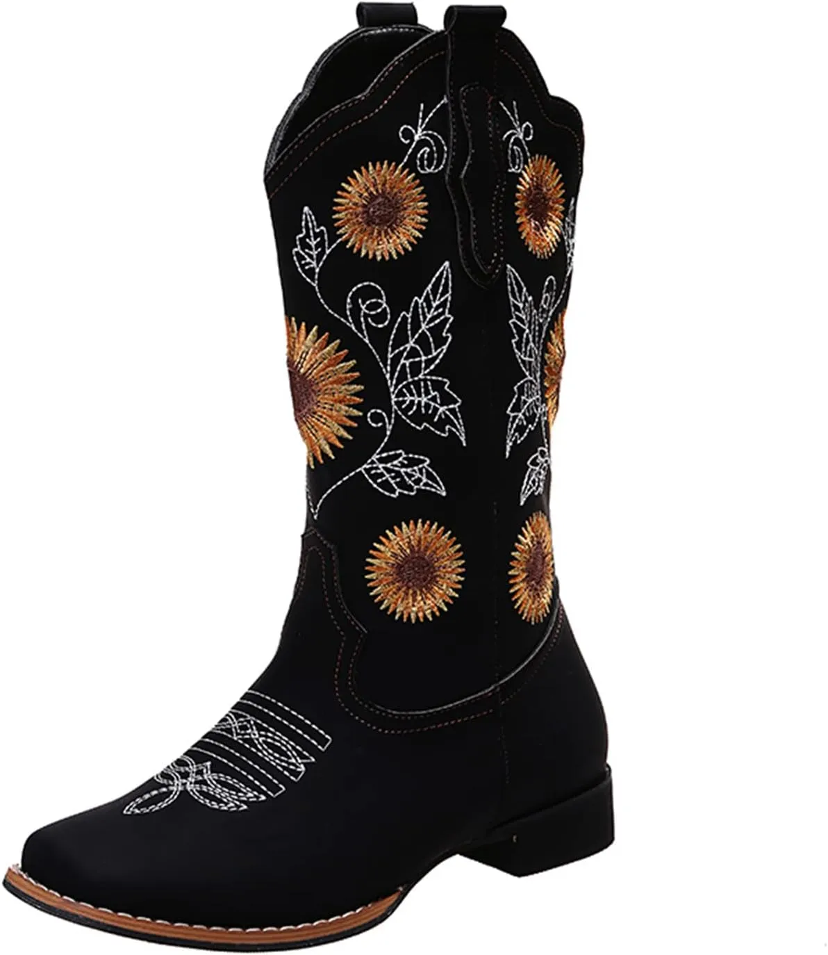 Lausiuoe Cowboy Boots For Women Leather Embroidered Modern Western Cowgirl Style Knee High Wide Calf Chunky Booties