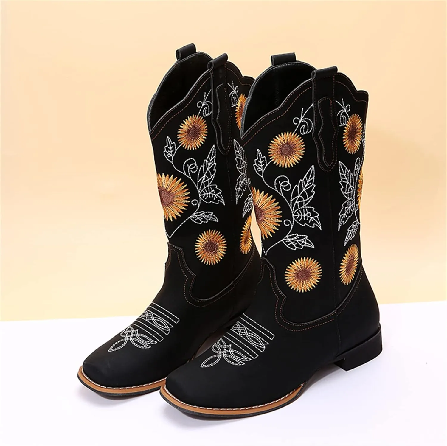 Lausiuoe Cowboy Boots For Women Leather Embroidered Modern Western Cowgirl Style Knee High Wide Calf Chunky Booties