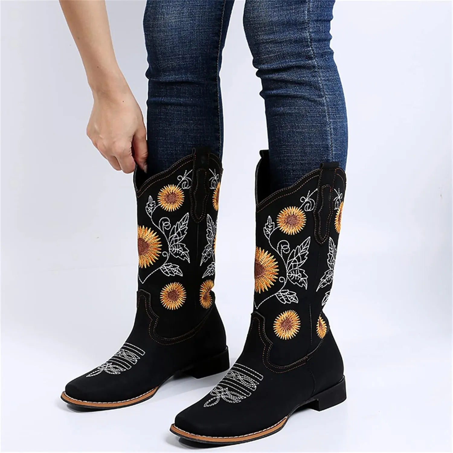 Lausiuoe Cowboy Boots For Women Leather Embroidered Modern Western Cowgirl Style Knee High Wide Calf Chunky Booties