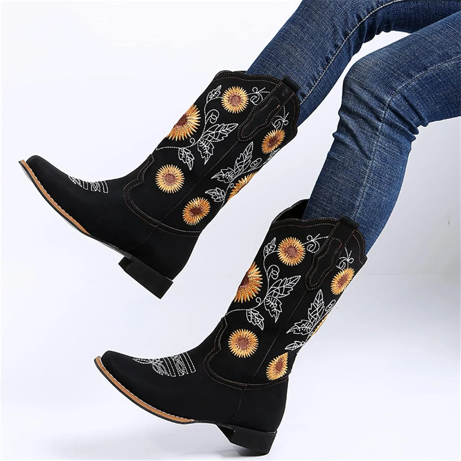 Lausiuoe Cowboy Boots For Women Leather Embroidered Modern Western Cowgirl Style Knee High Wide Calf Chunky Booties