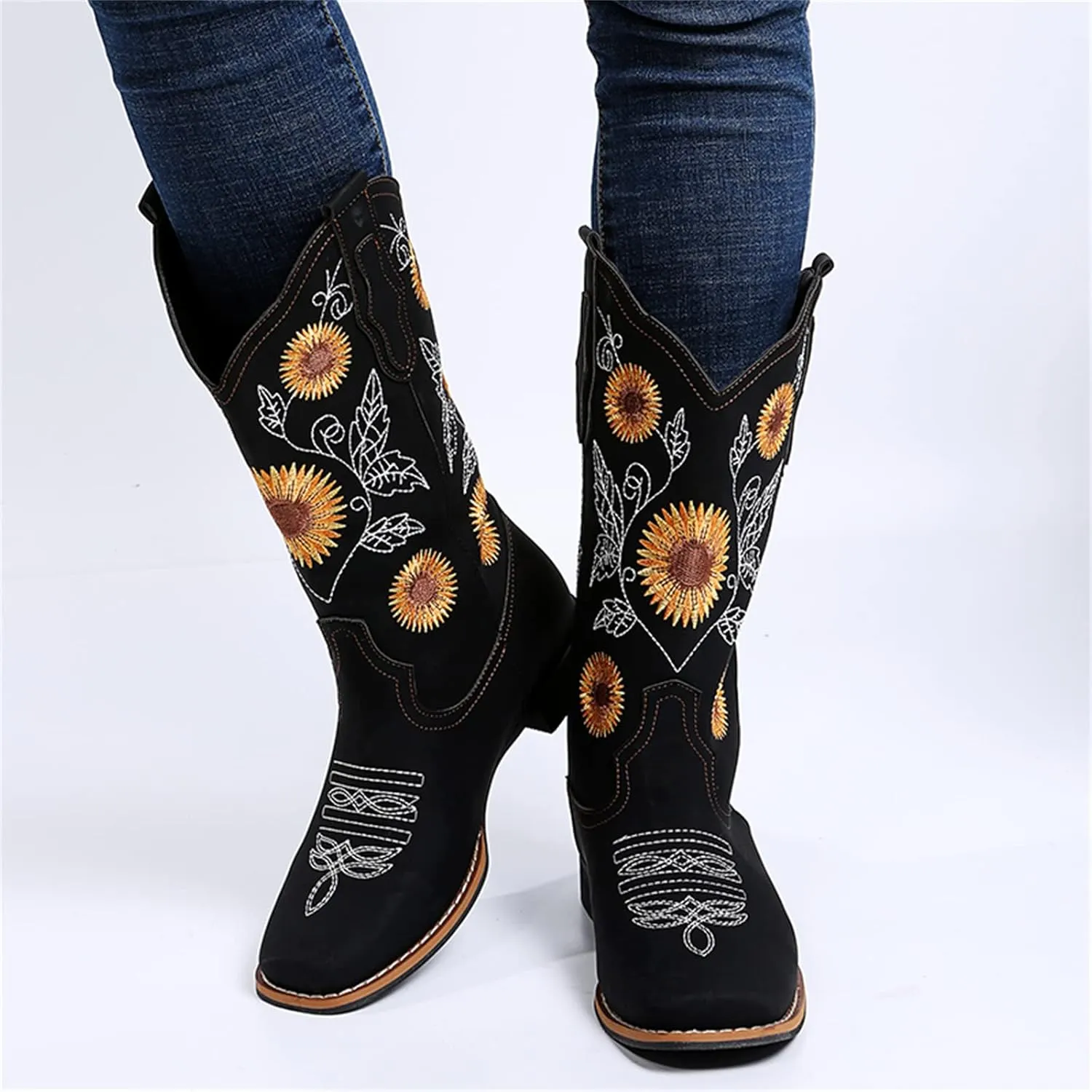 Lausiuoe Cowboy Boots For Women Leather Embroidered Modern Western Cowgirl Style Knee High Wide Calf Chunky Booties
