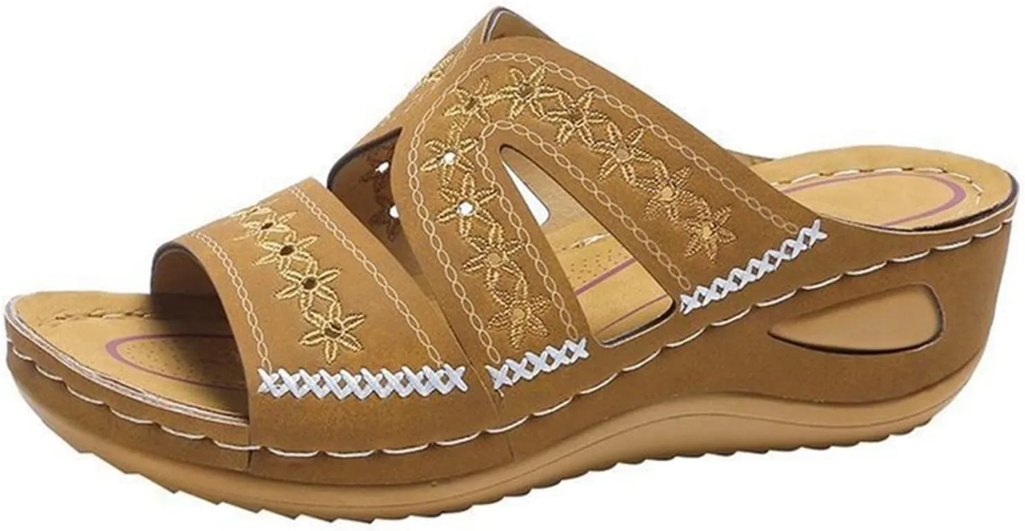Lausiuoe Orthopedic Dress Sandals For Women Plantar Fasciitis Wedge Heel Slip On Summer Casual Orthotic Slides Flip Flops
