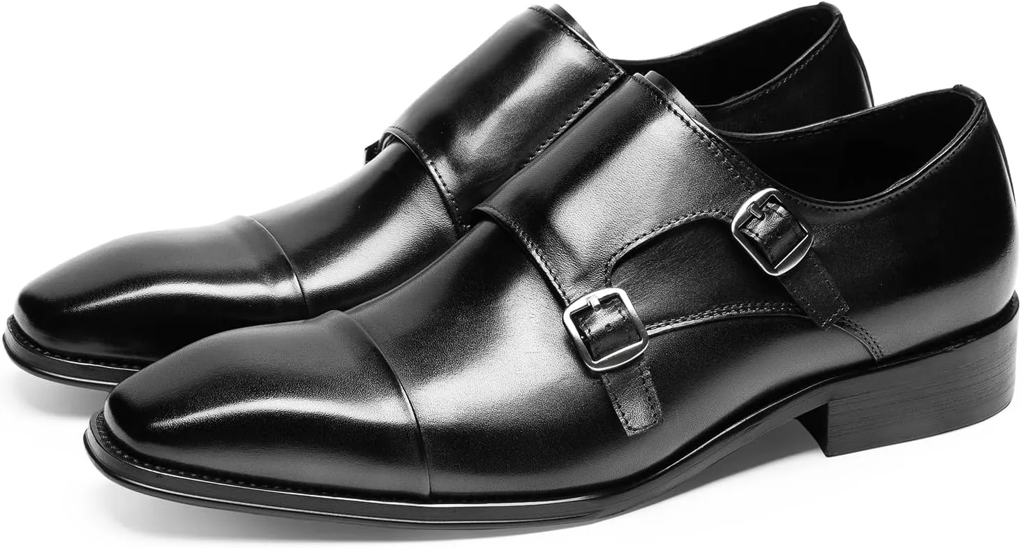 Loafers for Men - Genuine Leather Cap Toe Monk Strap Shoes | Double Buckle Dress Shoes for Business