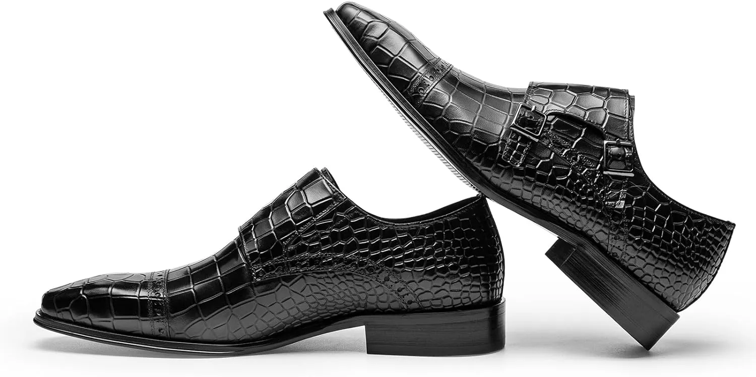 Loafers for Men - Premium Croc-Embossed Leather Monk Shoes | Formal Double Strap Design