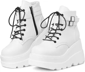 mikarka Holographic Platform Boots for Women, Lace Up Ankle Studded Buckle Goth Stacked Wedge Combat Ankle Boots