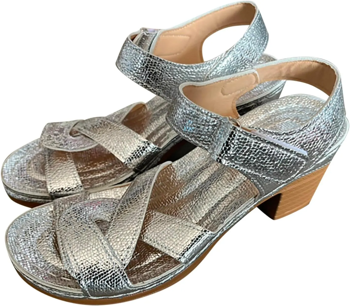Women's 2025 Thick Strappy Sandals Hook and Loop Solid High Heel Open Toe Casual Shoe Vacation Spring Summer Sandal