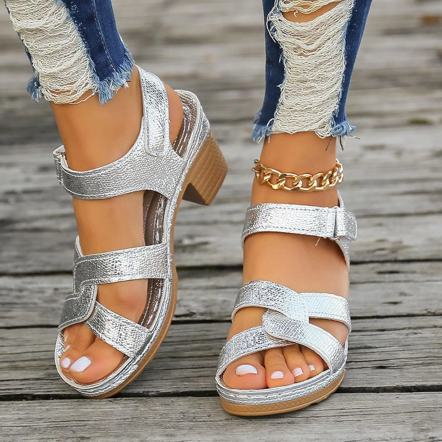 Women's 2025 Thick Strappy Sandals Hook and Loop Solid High Heel Open Toe Casual Shoe Vacation Spring Summer Sandal