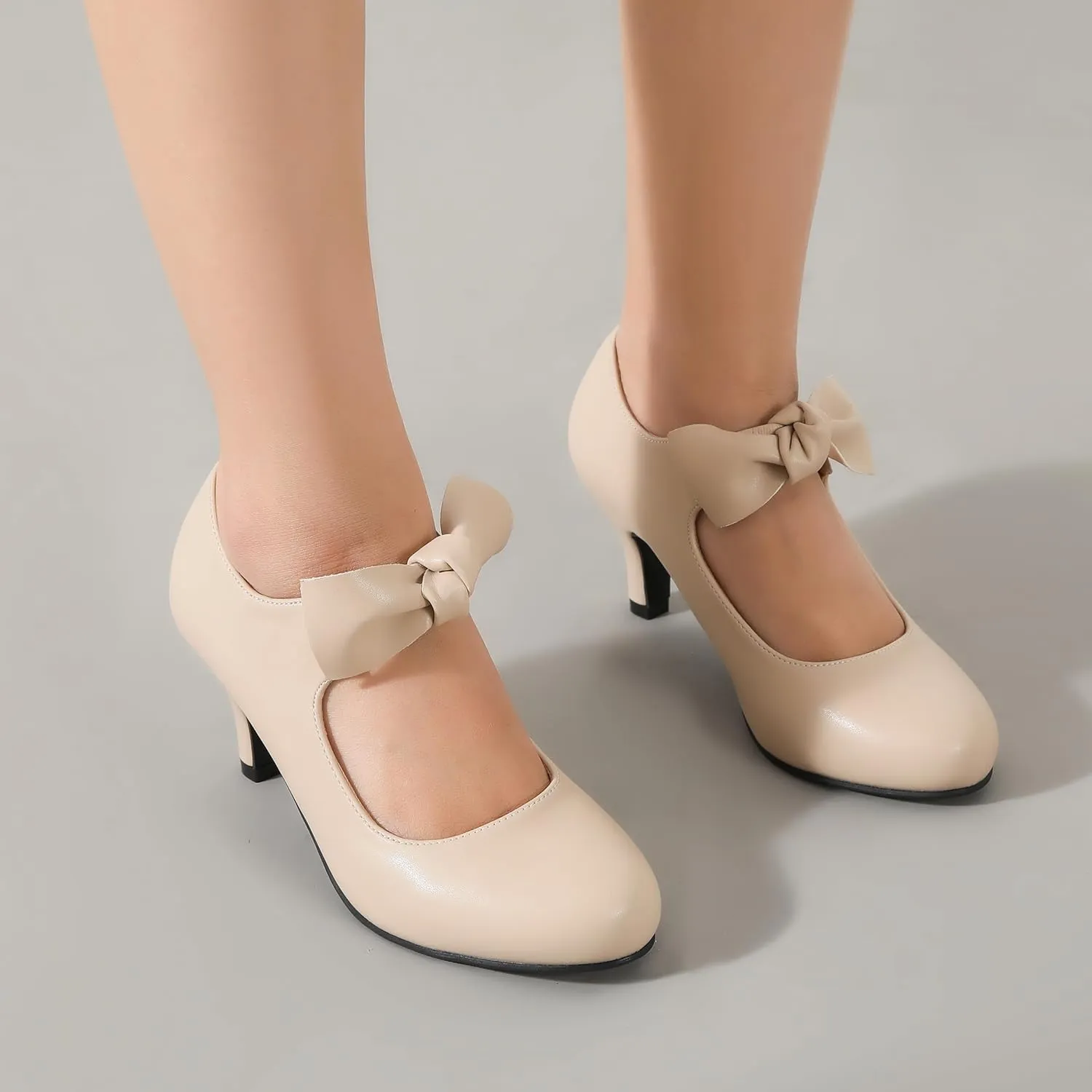 Women's Cute Bow Heels Mary Jane Kitten Heel Pumps Closed Round Toe Low Heels Ankle Strap Wedding Evening Party Dress Office Work Church Shoes