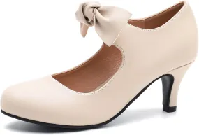 Women's Cute Bow Heels Mary Jane Kitten Heel Pumps Closed Round Toe Low Heels Ankle Strap Wedding Evening Party Dress Office Work Church Shoes