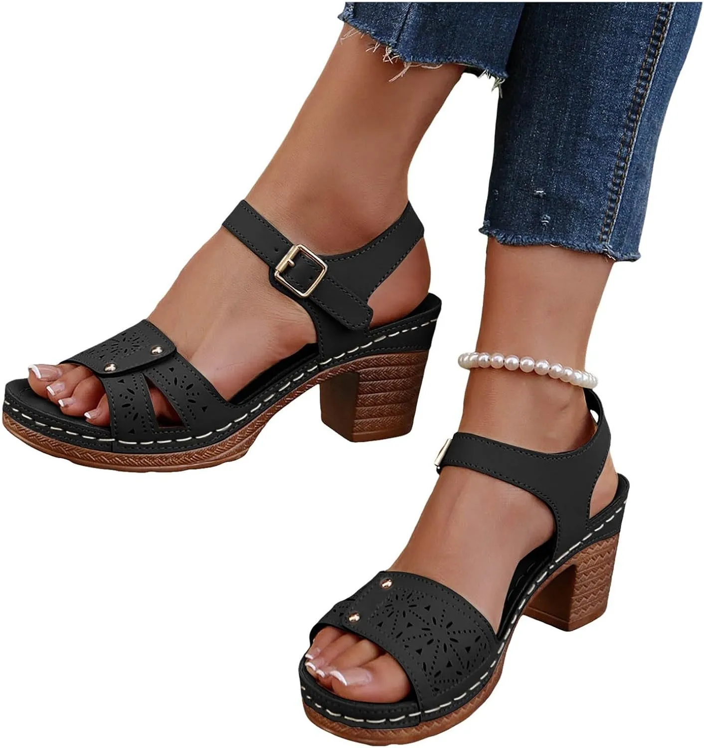 Women's Heeled Sandals Peep Toe Block Slingback Cutout Chunky Cutout Mid Heels Sandal with Arch Support 2025 Summer Orthopedic Shoes Dressy Adjustable Strappy Shoes for Party Wedding Daily Work