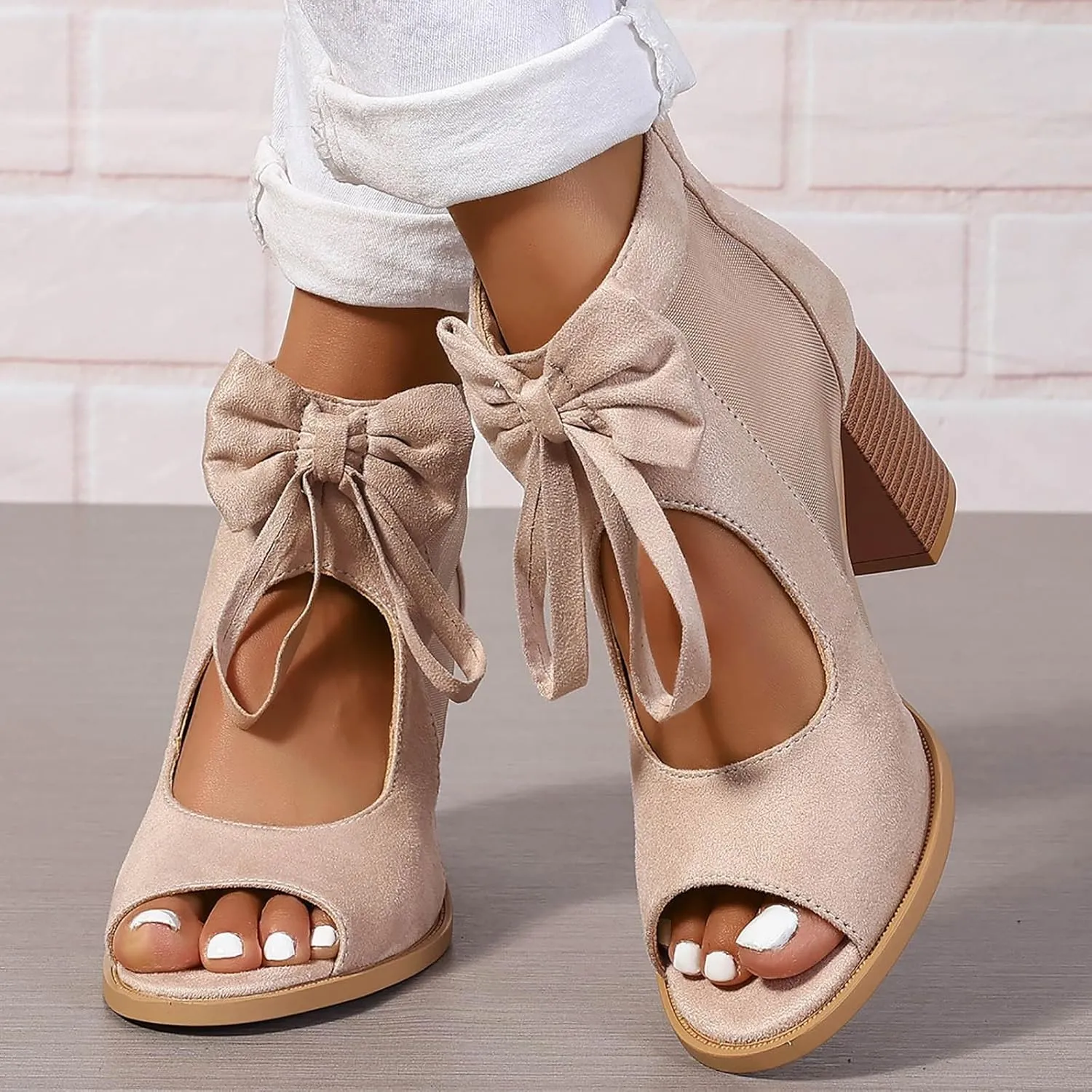 Womens Suede Platform Heels Sandals Open Toe Solid Color Fashion Hollow Out Breathable Comfortable Heel Sandal Ankle Strap Comfortable Party Dress Shoes Dressy Block Heels