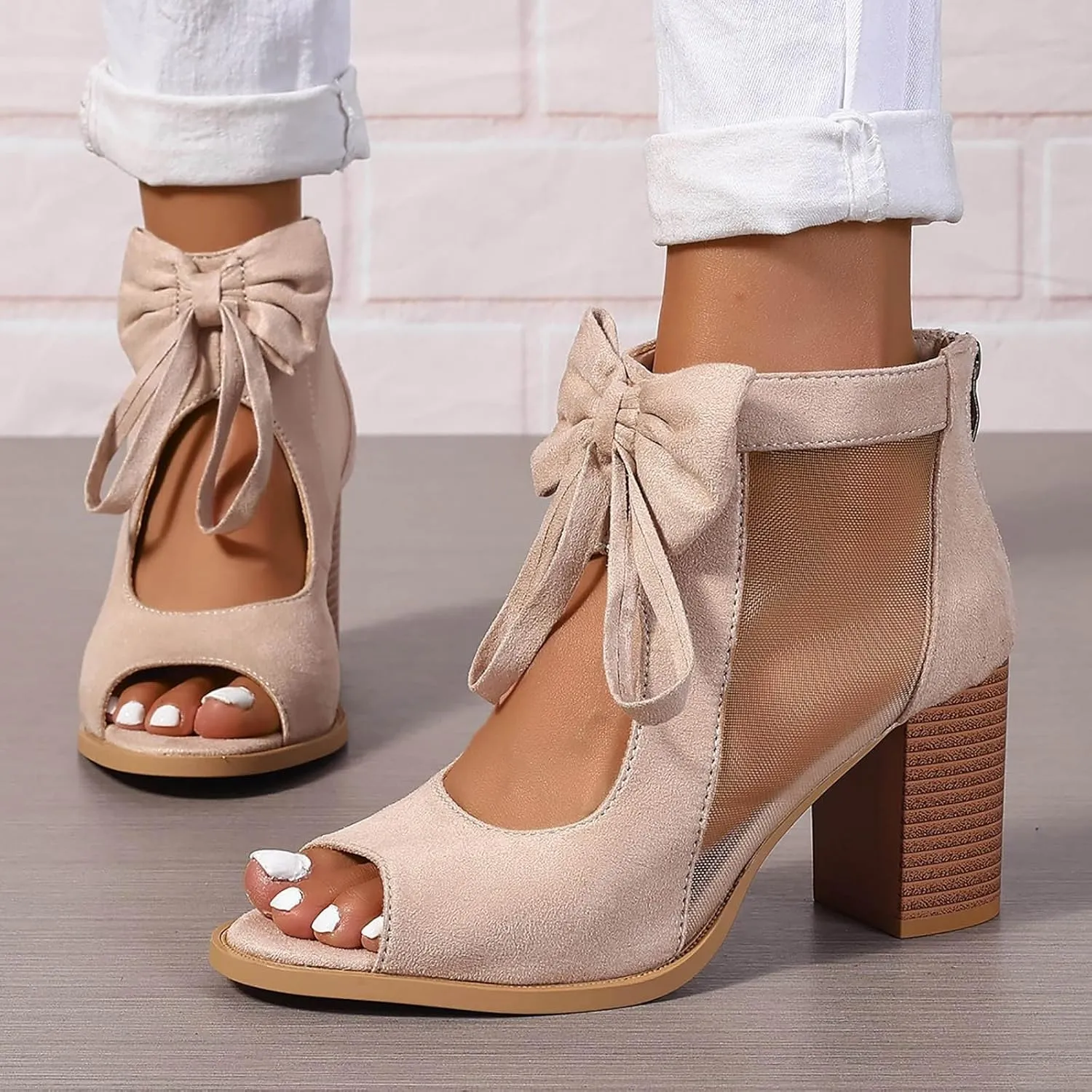 Womens Suede Platform Heels Sandals Open Toe Solid Color Fashion Hollow Out Breathable Comfortable Heel Sandal Ankle Strap Comfortable Party Dress Shoes Dressy Block Heels