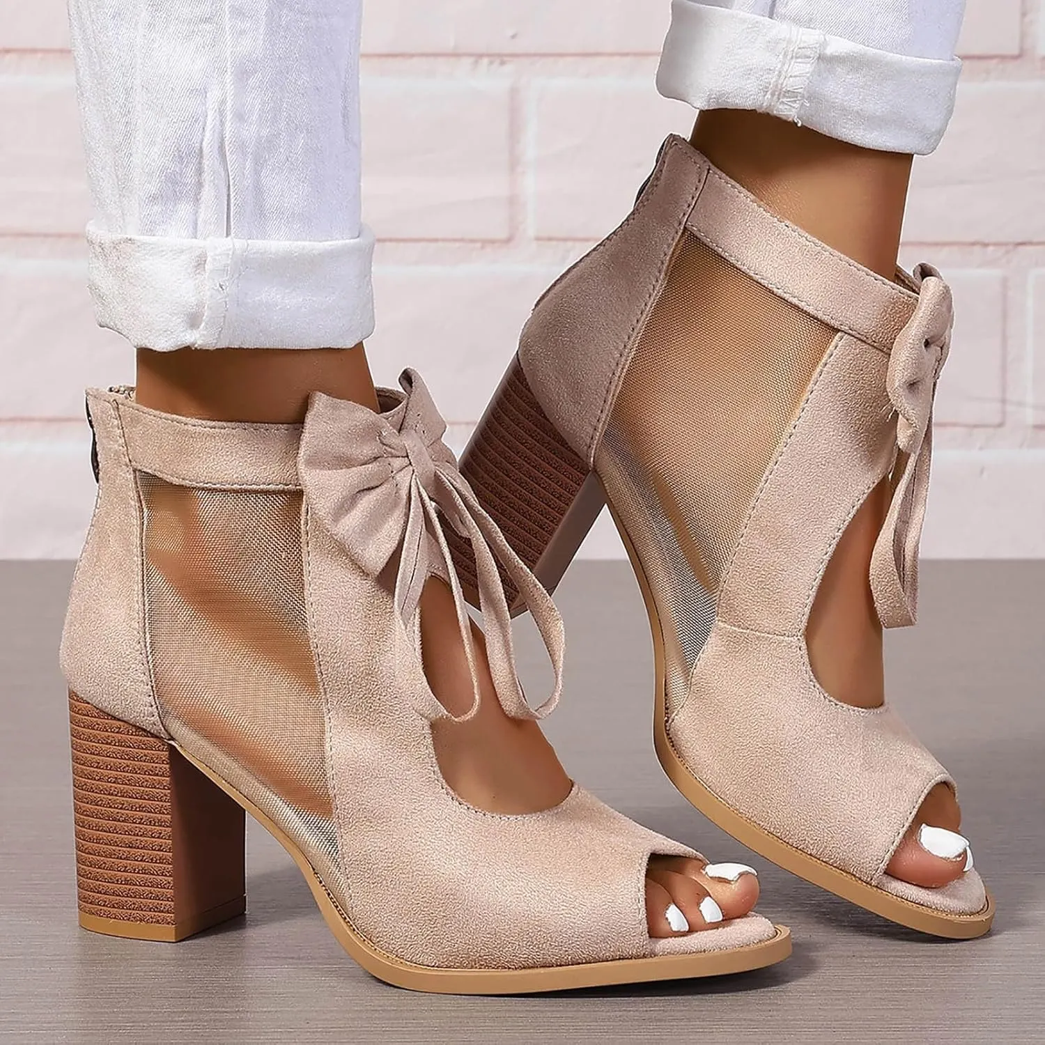 Womens Suede Platform Heels Sandals Open Toe Solid Color Fashion Hollow Out Breathable Comfortable Heel Sandal Ankle Strap Comfortable Party Dress Shoes Dressy Block Heels